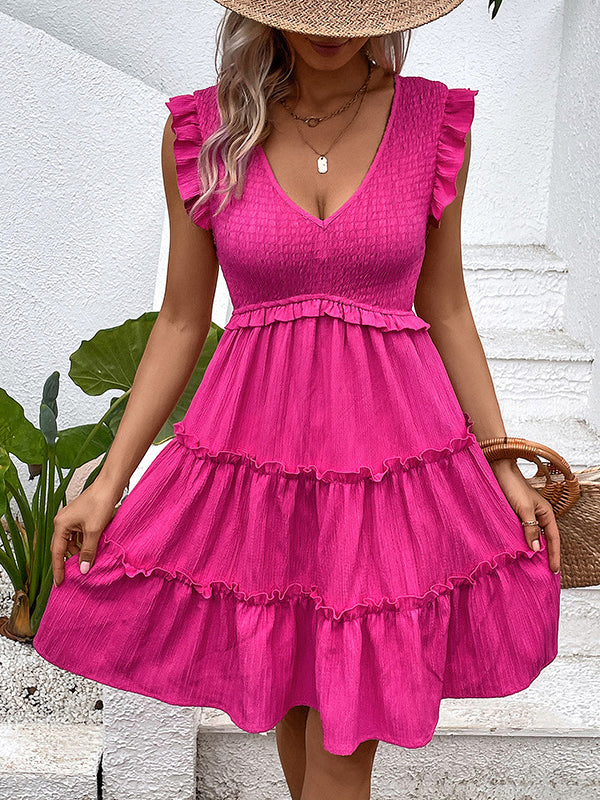 Loose Sleeveless Ruffle Trim Solid Color Split-Joint Deep V-Neck Mini Dresses