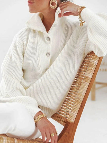 Long Sleeves Buttoned Solid Color High-Neck Sweater Tops