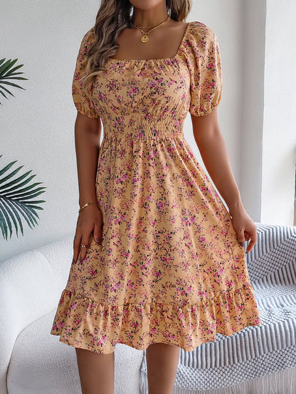 A-Line Short Sleeves Contrast Color Elasticity Flower Print Ruffle Trim Split-Joint Square-Neck Midi Dresses