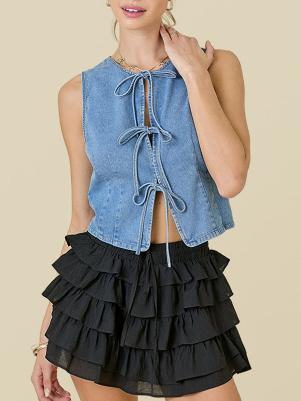 Loose Sleeveless Lace-Up Split-Joint Round-Neck Vest Top