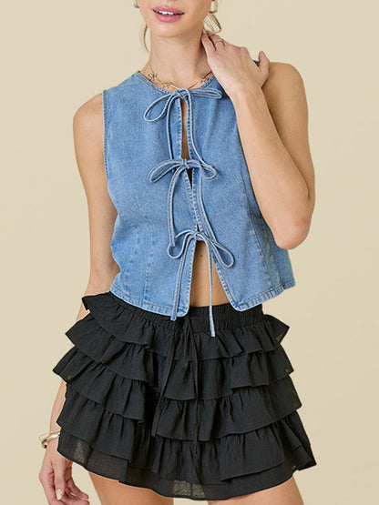 Loose Sleeveless Lace-Up Split-Joint Round-Neck Vest Top