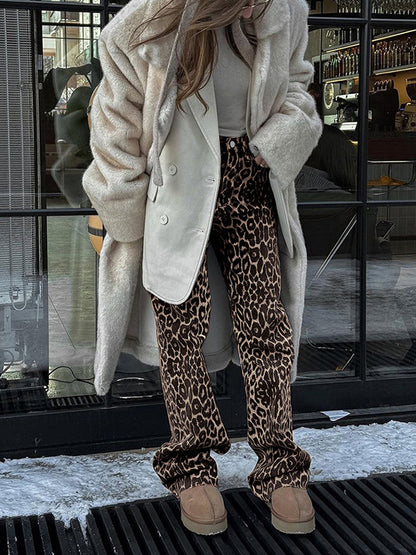 Loose Buttoned Leopard Pockets Split-Joint Pants Trousers