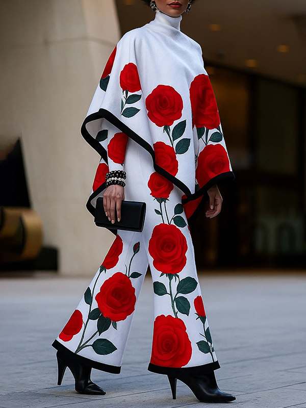 Long Sleeves Loose Flower Print High Neck 1 Piece Cape