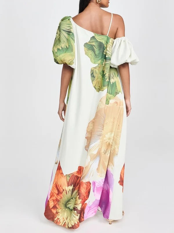 A-Line Loose Elasticity Flower Print One-Shoulder Maxi Dresses