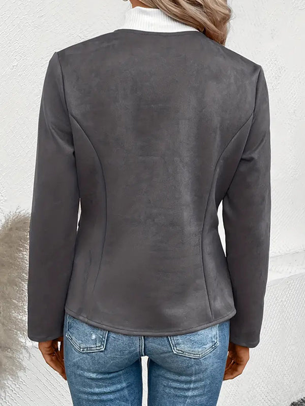 Long Sleeves Loose Pockets Solid Color Split-Joint Zipper Round-Neck Jackets Outerwear