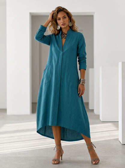 Solid Color Pockets Loose Long Sleeves V-neck Midi Dresses