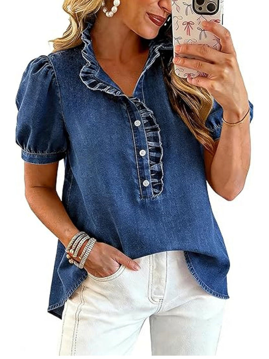 Split-Joint Solid Color Ruffled Pleated Buttoned Short Sleeves Stand Collar Blouses&shirts Tops