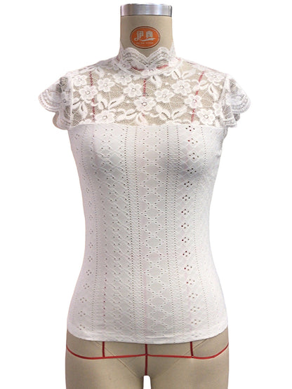 Short Sleeves Skinny Hollow Split-Joint Mock Neck T-Shirts Tops