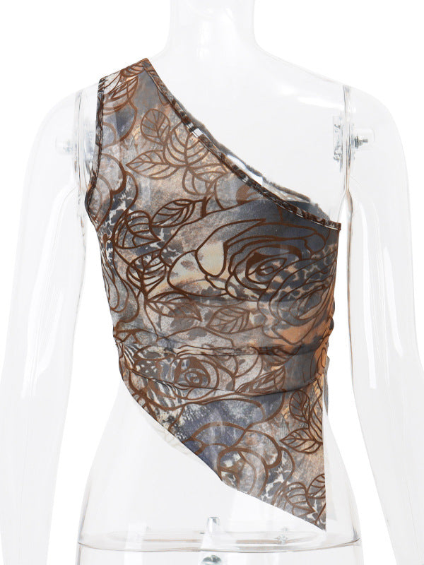 Loose Skinny Asymmetric Pleated Printed One-Shoulder Vest Top