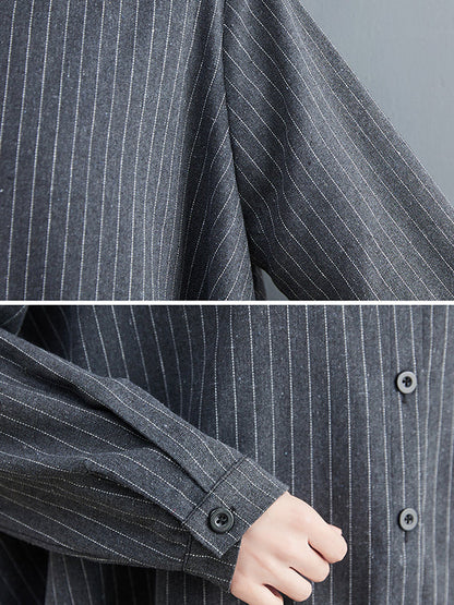 Loose Striped Gauze Split-Joint Lapel Long Dress