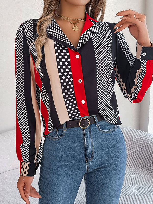 Long Sleeves Buttoned Contrast Color Polka-Dot Notched Collar Blouses&Shirts Tops