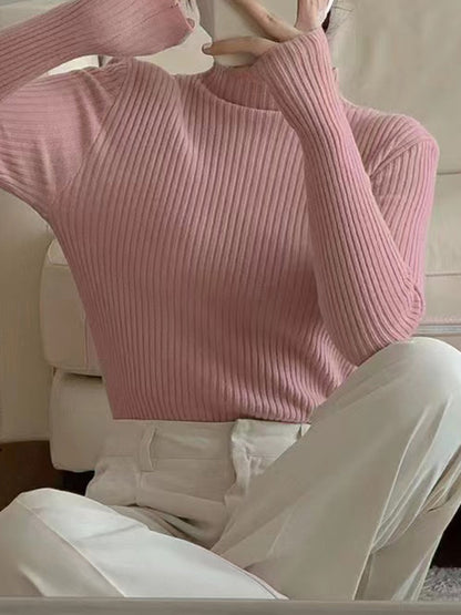 Long Sleeves Skinny Solid Color High-Neck Knitwear Pullovers Sweater Tops