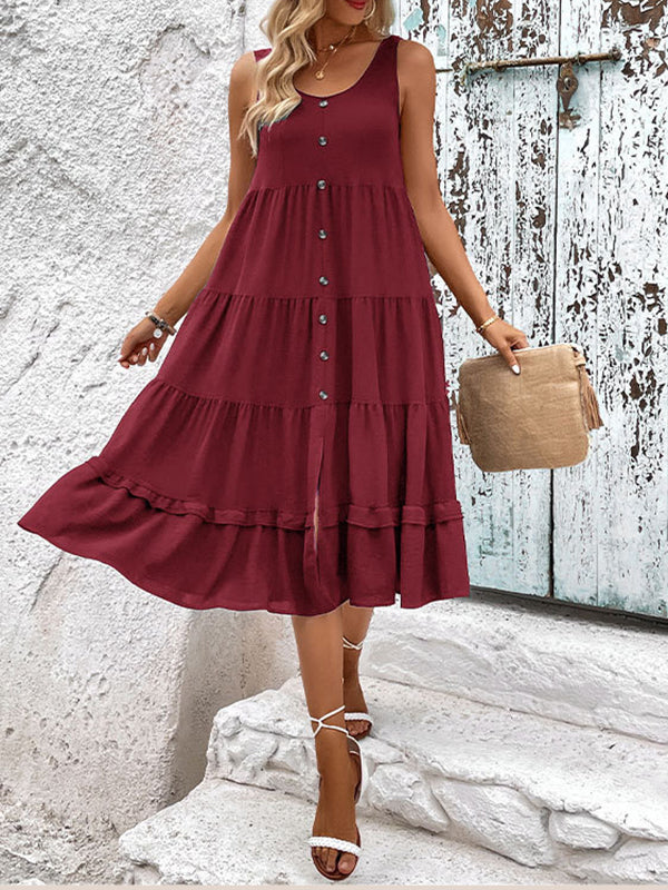 Loose Sleeveless Buttoned Solid Color Tiered Round-neck Midi Dresses