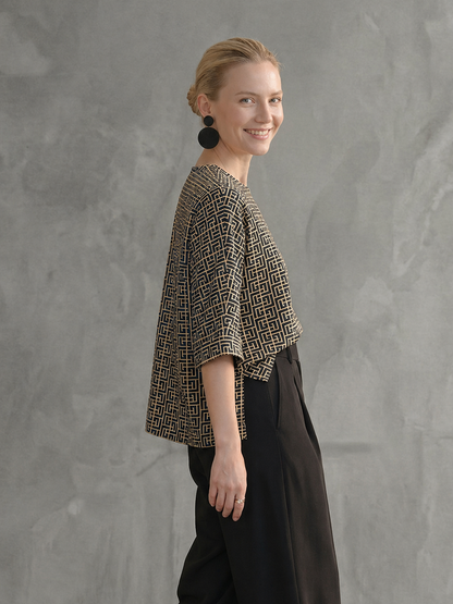 Long Sleeves Contrast Color Printed Round-Neck Blouses&Shirts Tops