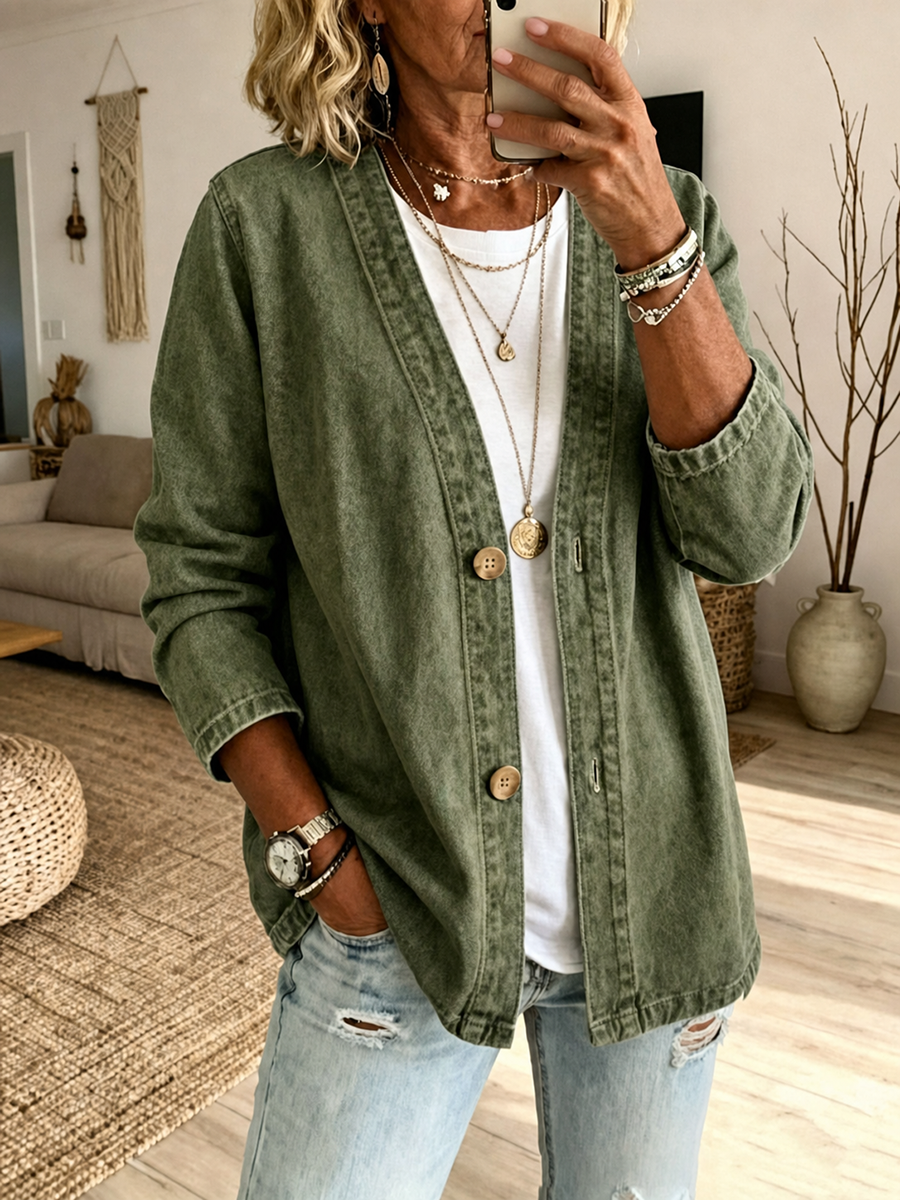Long Sleeves Plus Size Buttoned Solid Color Collarless Denim Outerwear