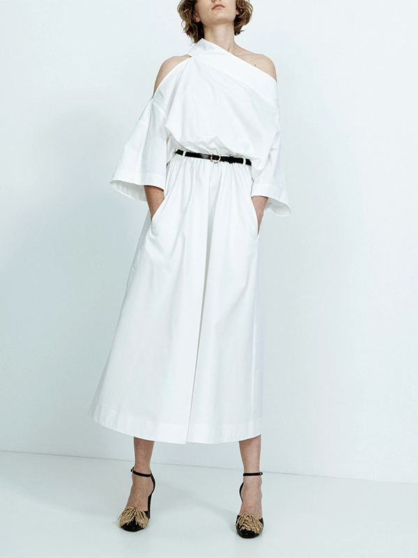 Long Sleeves Loose No Belt Solid Color Off-The-Shoulder Midi Dresses