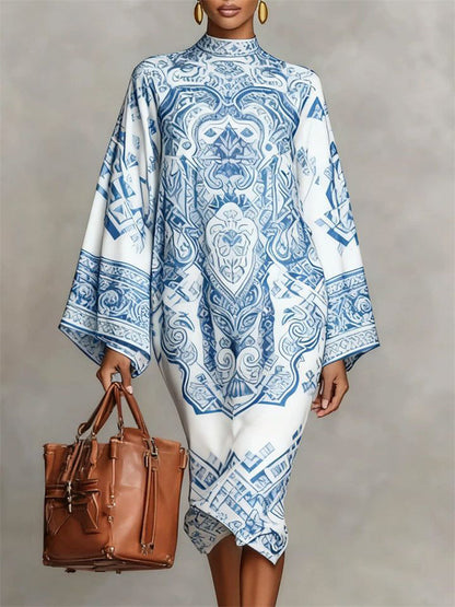 Long Sleeves Loose Contrast Color Printed Mock Neck Midi Dresses
