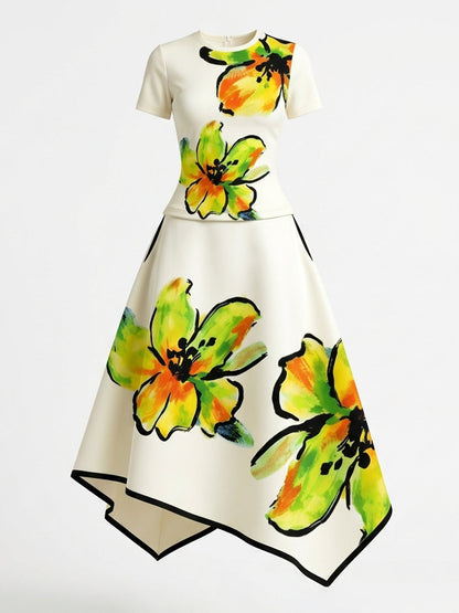A-Line High Waisted Flower Print Pockets Skirts Bottoms
