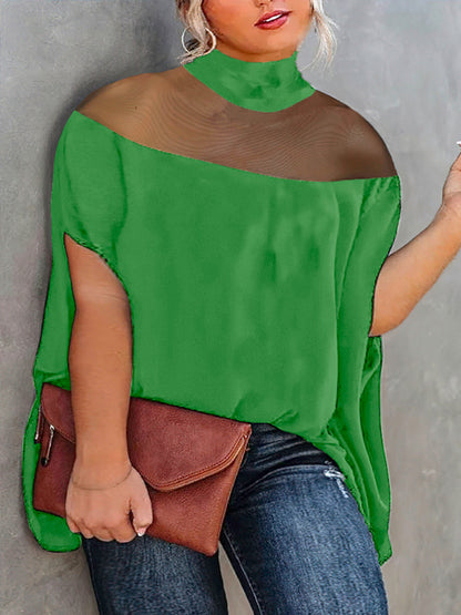 Batwing Sleeves Plus Size Cape See-Through Solid Color Split-Toe High-Neck Blouses&Shirts Tops