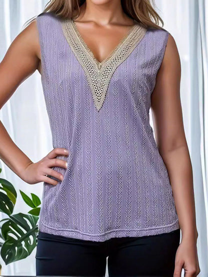 Loose Sleeveless Jacquard Split-Joint V-Neck Vest Top