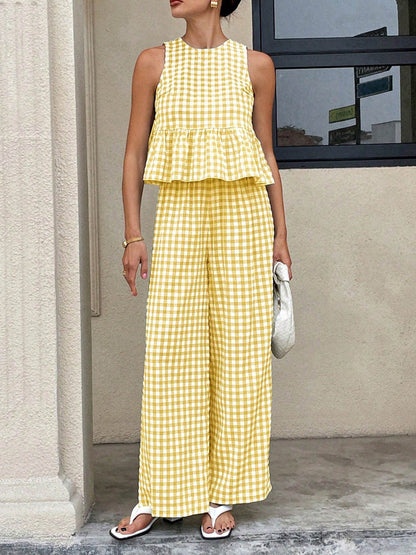 A-Line Loose Plaid Pleated Split-Joint Round-Neck Vest Top + Pants Bottom Suits