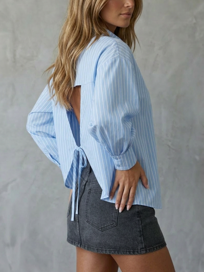 Long Sleeves Puff Sleeves Buttoned Contrast Color Hollow Striped Tied Waist Lapel Blouses&Shirts Tops
