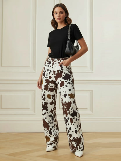 Elasticated Waist High Waisted Contrast Color Cow Printed Split-Joint Pants