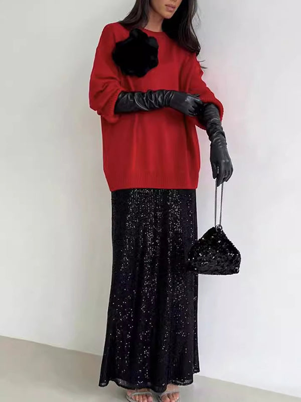 Long Sleeves Loose Flower Shape Split-Joint Round-Neck Sweater Tops