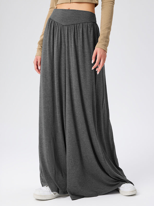 High Waisted Loose Pleated Pockets Solid Color Split-Joint Pants Trousers