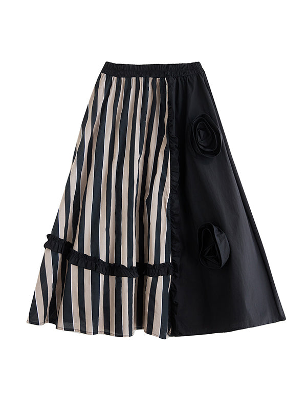 Elastics High Waisted Loose Flower-Embellished Split-Joint Skirts Bottoms