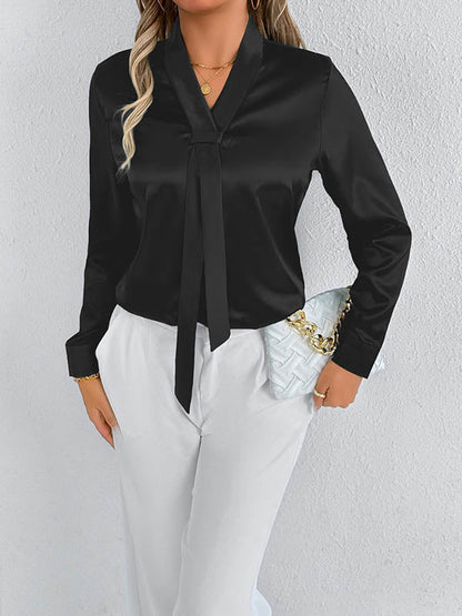 Long Sleeves Loose Solid Color Split-Joint Streamer Scarf Collar Blouses&Shirts Tops