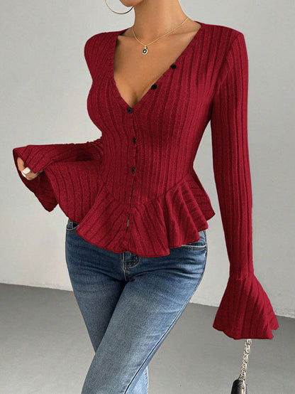 Flared Sleeves Long Sleeves Buttoned Ruffled Solid Color Split-Joint Deep V-Neck T-Shirts Tops