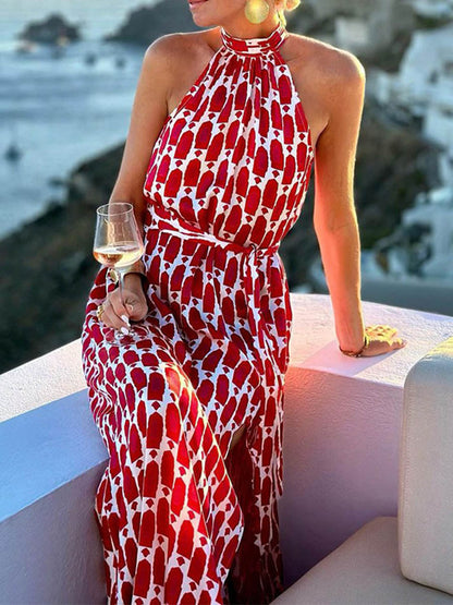 High Waisted Sleeveless Contrast Color Printed Split-Joint Split-Side Tied Waist Halter-Neck Maxi Dresses