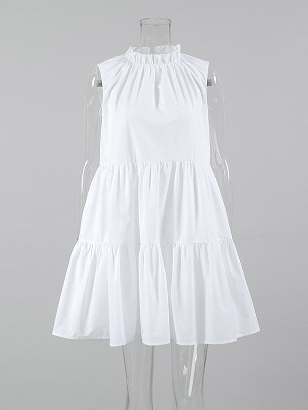 A-Line Loose Pleated Ruffled Solid Color Split-Joint Round-Neck Mini Dresses Shirt Dress