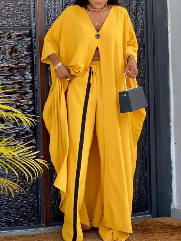 Batwing Sleeves Split-Front V-Neck Cover-Ups Tops + High Waisted Elasticity Pants Two Pieces Set