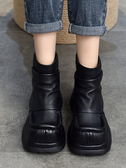 Platform Round-Toe Solid Color Zipper Boots