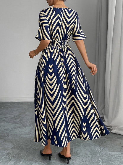 Elasticated Waist High Waisted Contrast Color Geometric Printed Split-Joint V-Neck Maxi Dresses