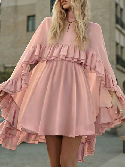 High Waisted Sleeveless Pleated Ruffled Solid Color Split-Joint Tied Mock Neck Mini Dresses Two Pieces Set