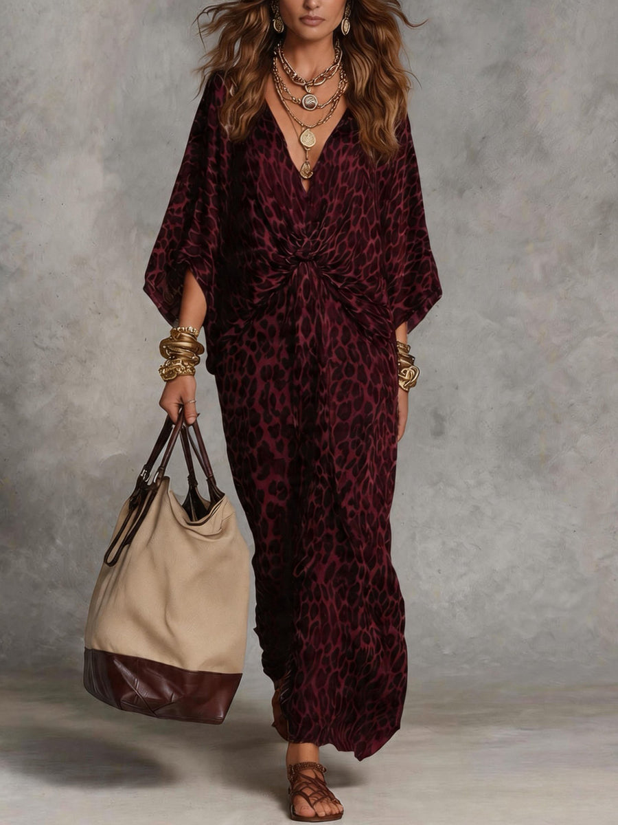 High Waisted Long Sleeves Knot Leopard V-Neck Maxi Dresses