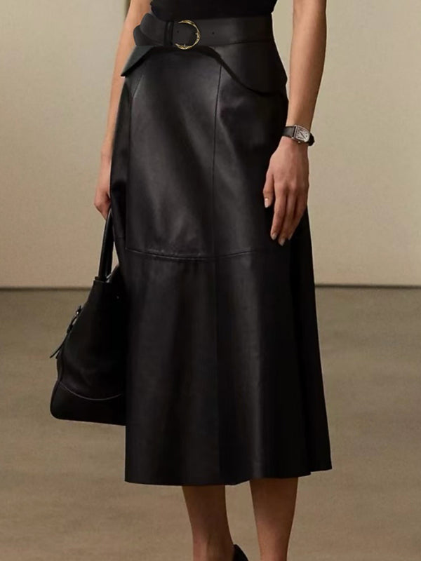 A-Line High Waisted Belted Buttoned Solid Color Split-Joint Zipper Skirts Bottoms