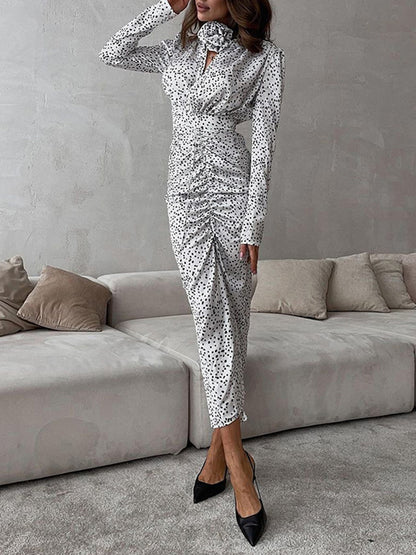 Bodycon High Waisted Pleated Polka-Dot Split-Back Three-Dimensional Flower V-Neck Maxi Dresses