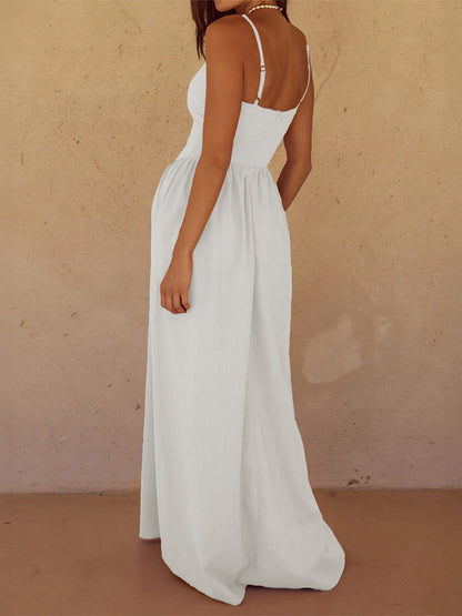 Split-Joint Solid Color Pockets Pleated Backless Sleeveless High Waisted Spaghetti-Neck Midi Dresses