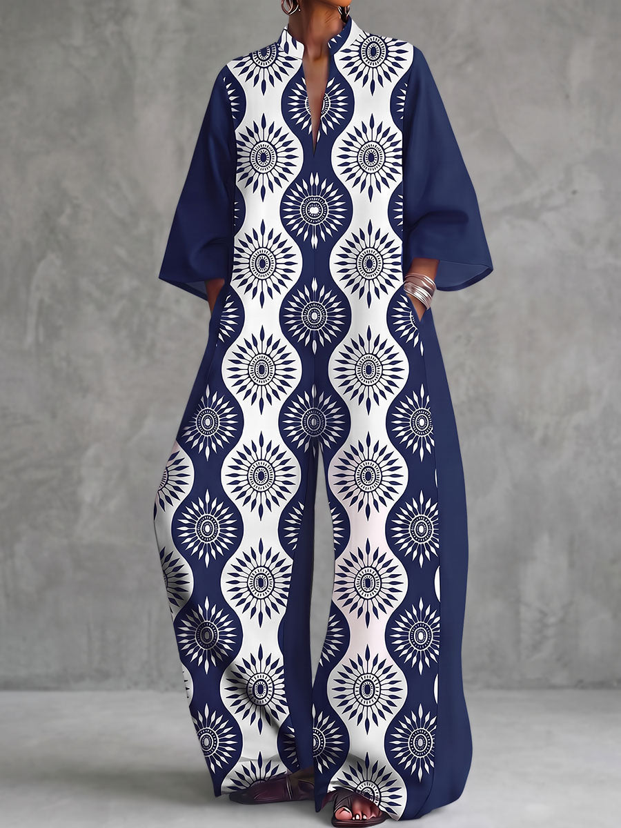 Printed Pockets Contrast Color Wide Leg Three-quarter Sleeves V-neck Jumpsuits