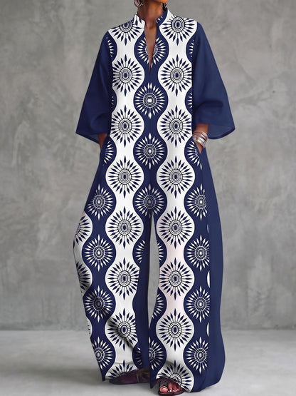 Printed Pockets Contrast Color Wide Leg Three-quarter Sleeves V-neck Jumpsuits