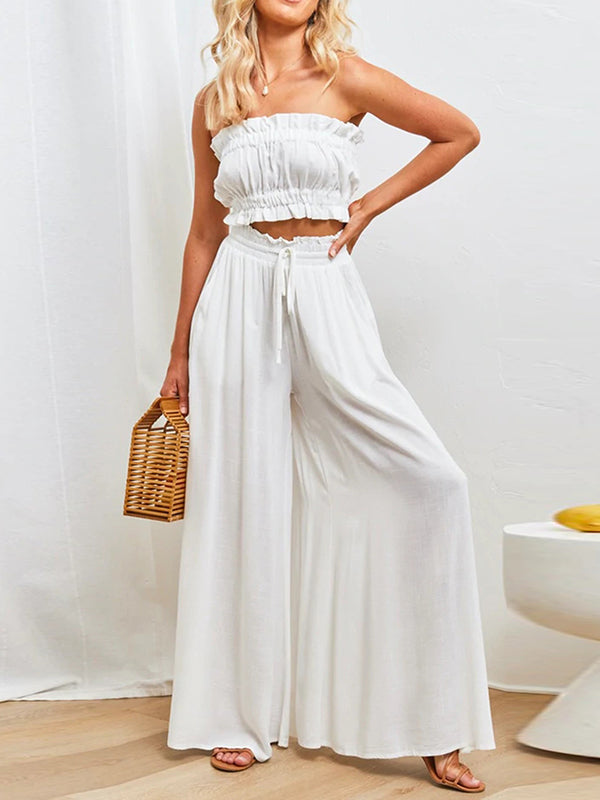 High Waisted Loose Drawstring Elasticity Pleated Pockets Solid Color Pants Trousers
