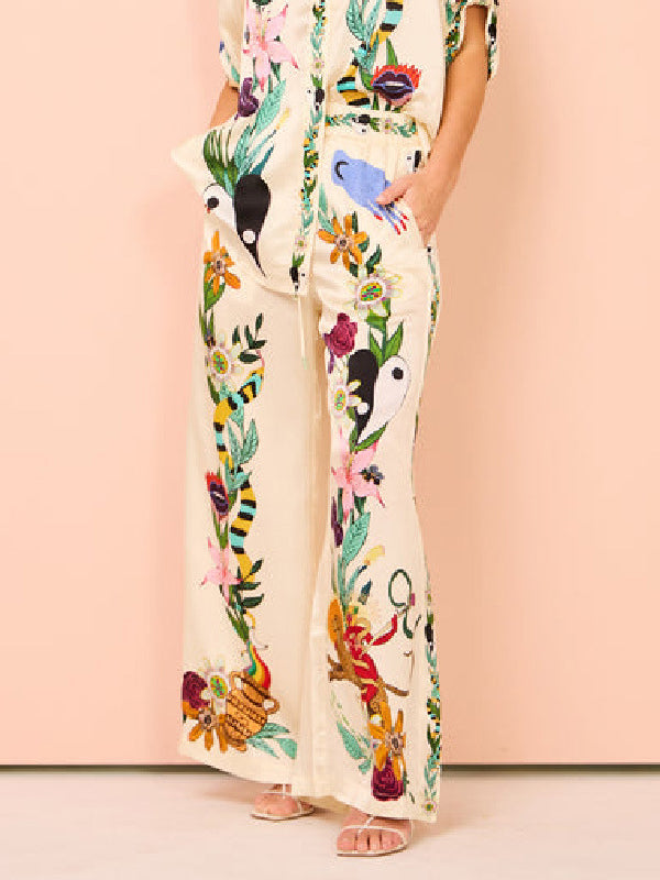 Half Sleeves Loose Buttoned Flower Print Pockets Lapel T-Shirt Top + Drawstring Elasticity Pants Bottom Two Pieces Set