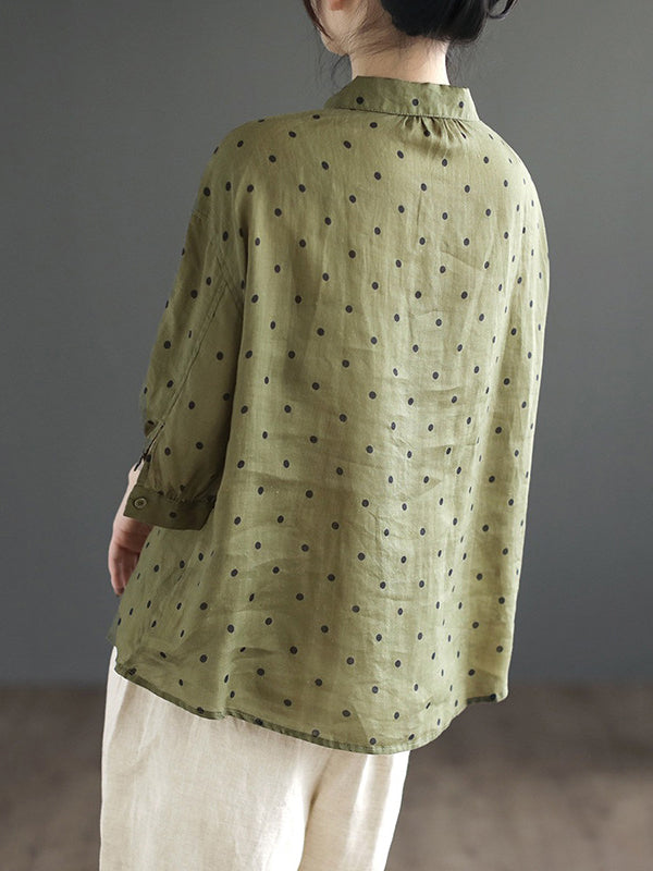 Half Sleeves Loose Polka-Dot Lapel Blouses&Shirts Tops