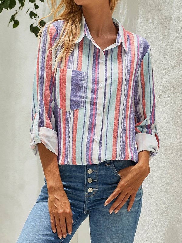 High-Low Long Sleeves Buttoned Pockets Striped Lapel Blouses&Shirts Tops