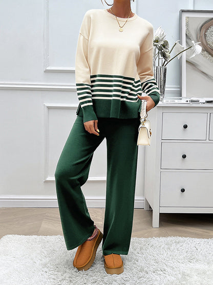 Long Sleeves Loose Contrast Color Split-Side Striped Round-Neck Sweater Top + Pants Bottom Two Pieces Set