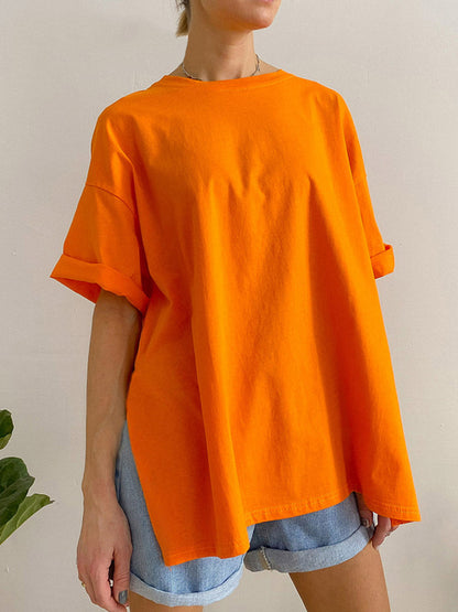 Loose Short Sleeves Solid Color Split-Side Round-Neck T-Shirts Tops